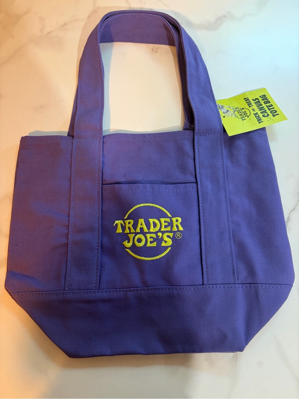 Trader Joe's Purple Canvas Tote Bag with Yellow Logo